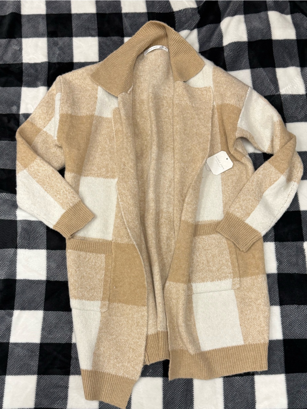 Altar'd State Beige and Cream Checker Cardigan